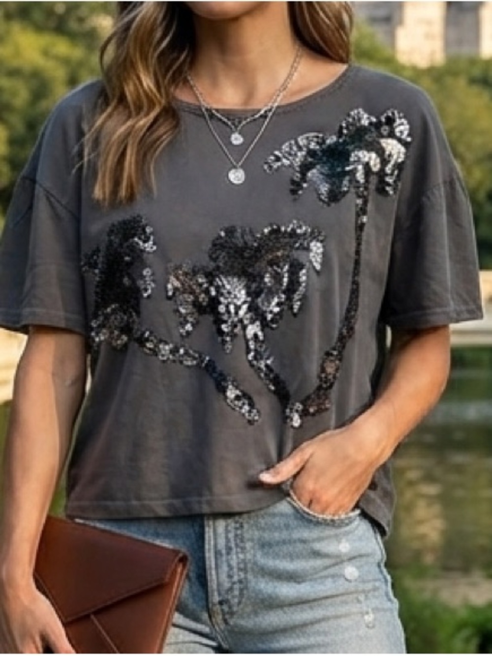 VTG Adrienne Vittadini Sequin Tee 100% Cotton L Faded Whimsygoth Distressed